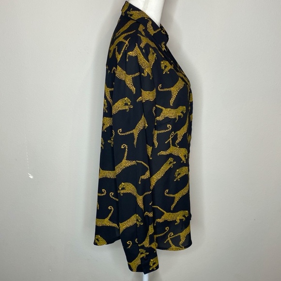 Worthingotn Black/Amber Leopard Print V-Neck Button Up Long Sleeve Blouse Size L - Picture 6 of 13